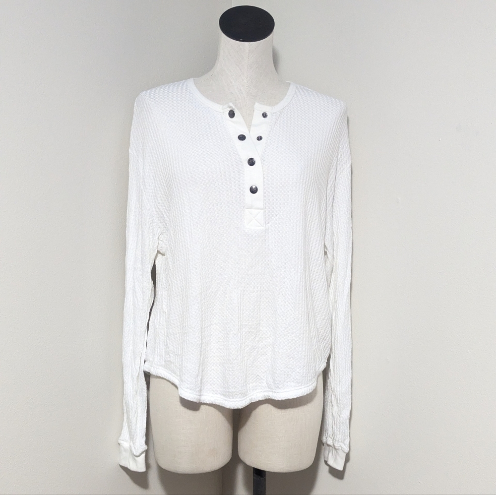 Anine Bing Textured Waffle Knit Henley Button Long Sleeve Top Small